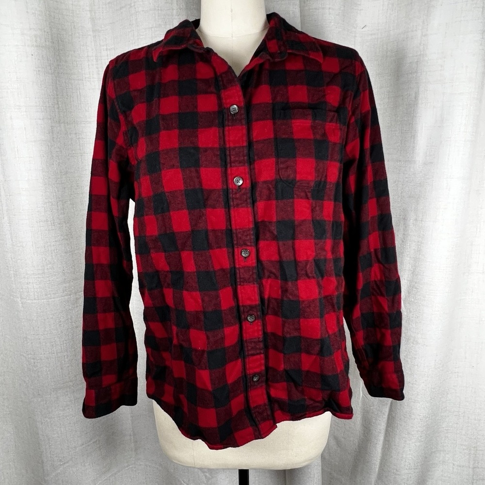 LL Bean Womens Large Scotch Red Black Buffalo Plaid Flannel Shirt Relaxed Cotton